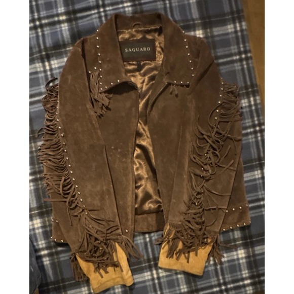 Saguaro Jackets & Blazers - Saguaro Jacket Brown Leather Fringe Studded Cross Zip Western Women's Size L